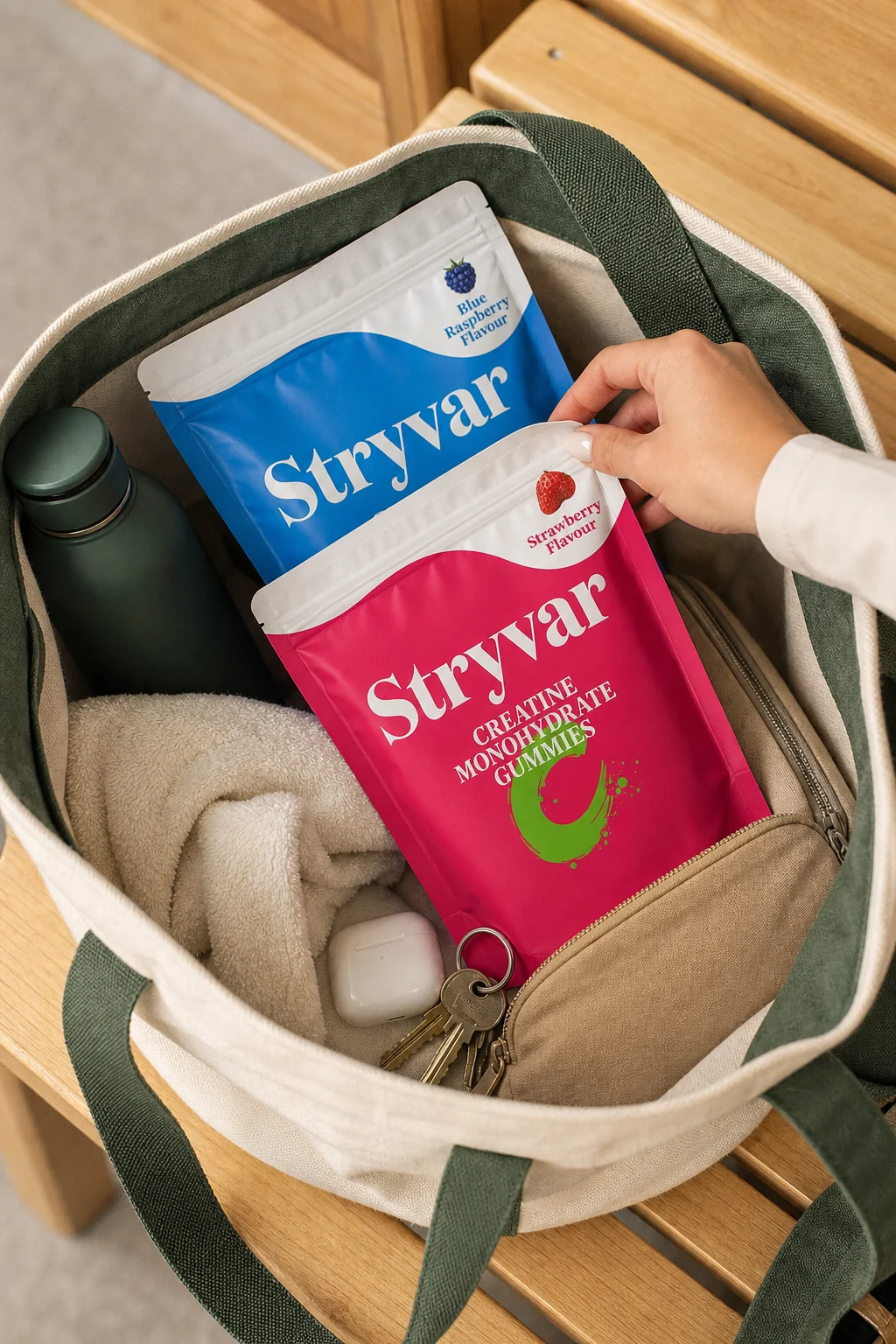 Stryvar pouch packed in a neutral gym bag with towel water bottle and headphones