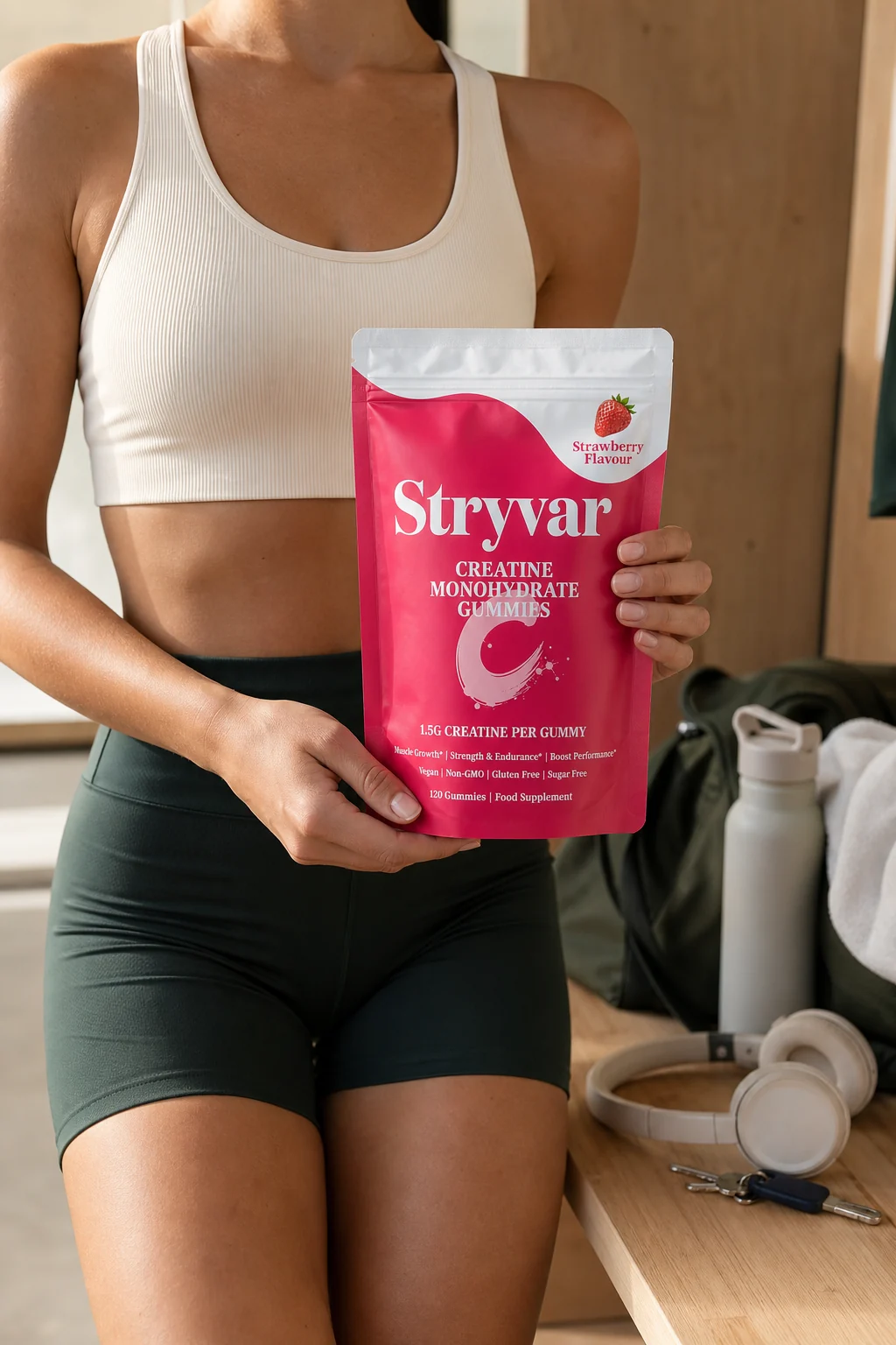 Stryvar creatine gummies pouch in a gym locker routine