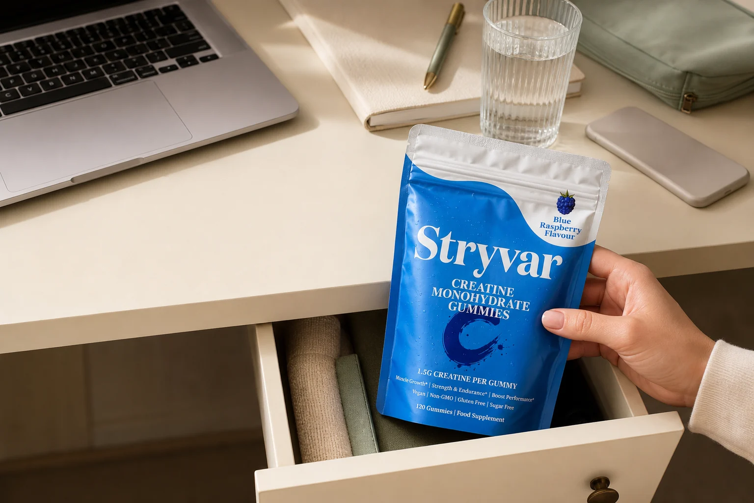 Stryvar creatine gummies pouch stored in a work desk drawer