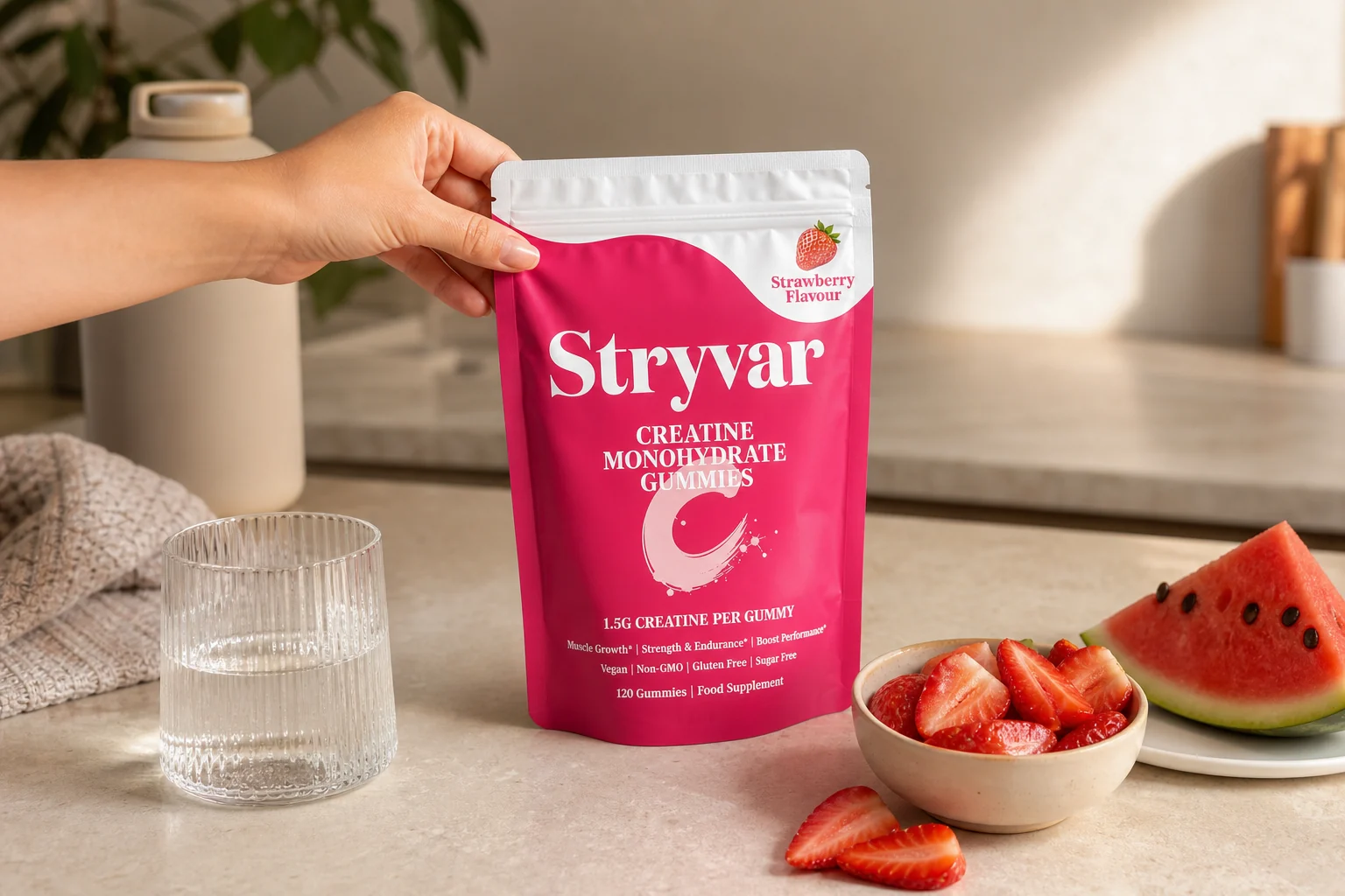 Stryvar creatine gummies pouch on a kitchen counter