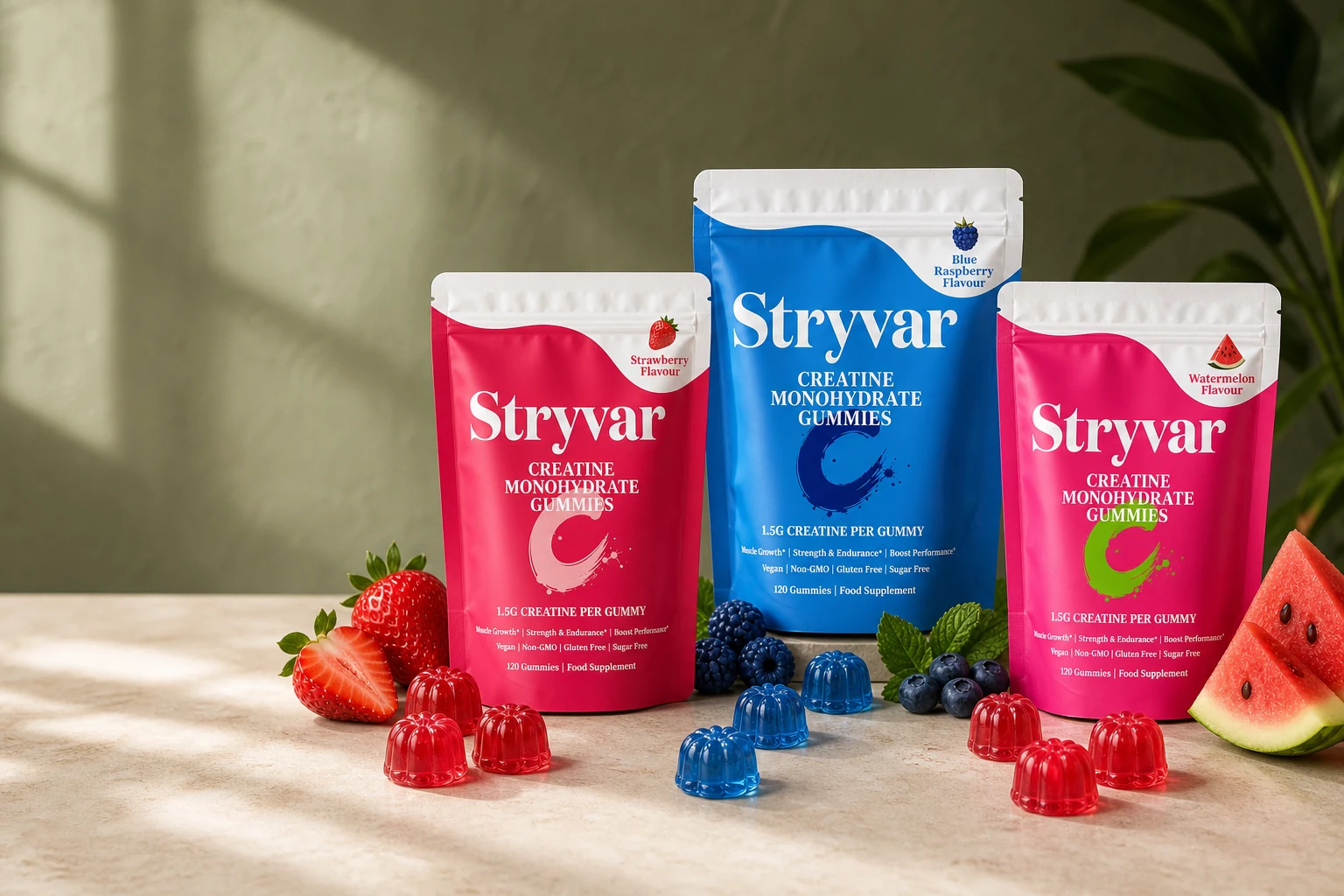 Stryvar creatine gummies range with Strawberry Watermelon and Blue Raspberry pouches