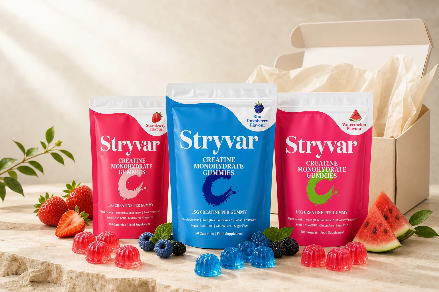 Stryvar mixed flavour bundle with a cream shipping box