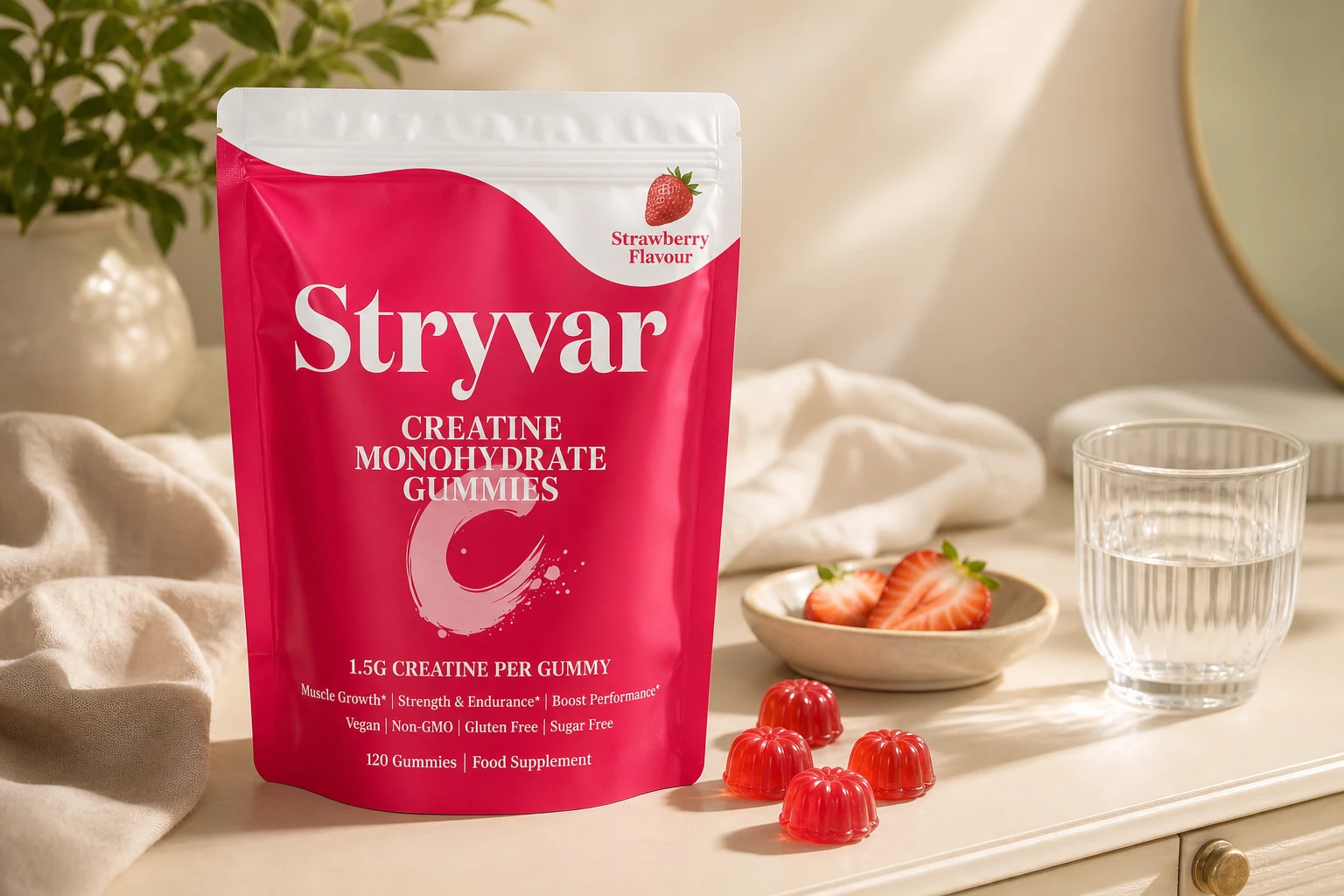Stryvar pouch styled for a warm daily creatine ritual