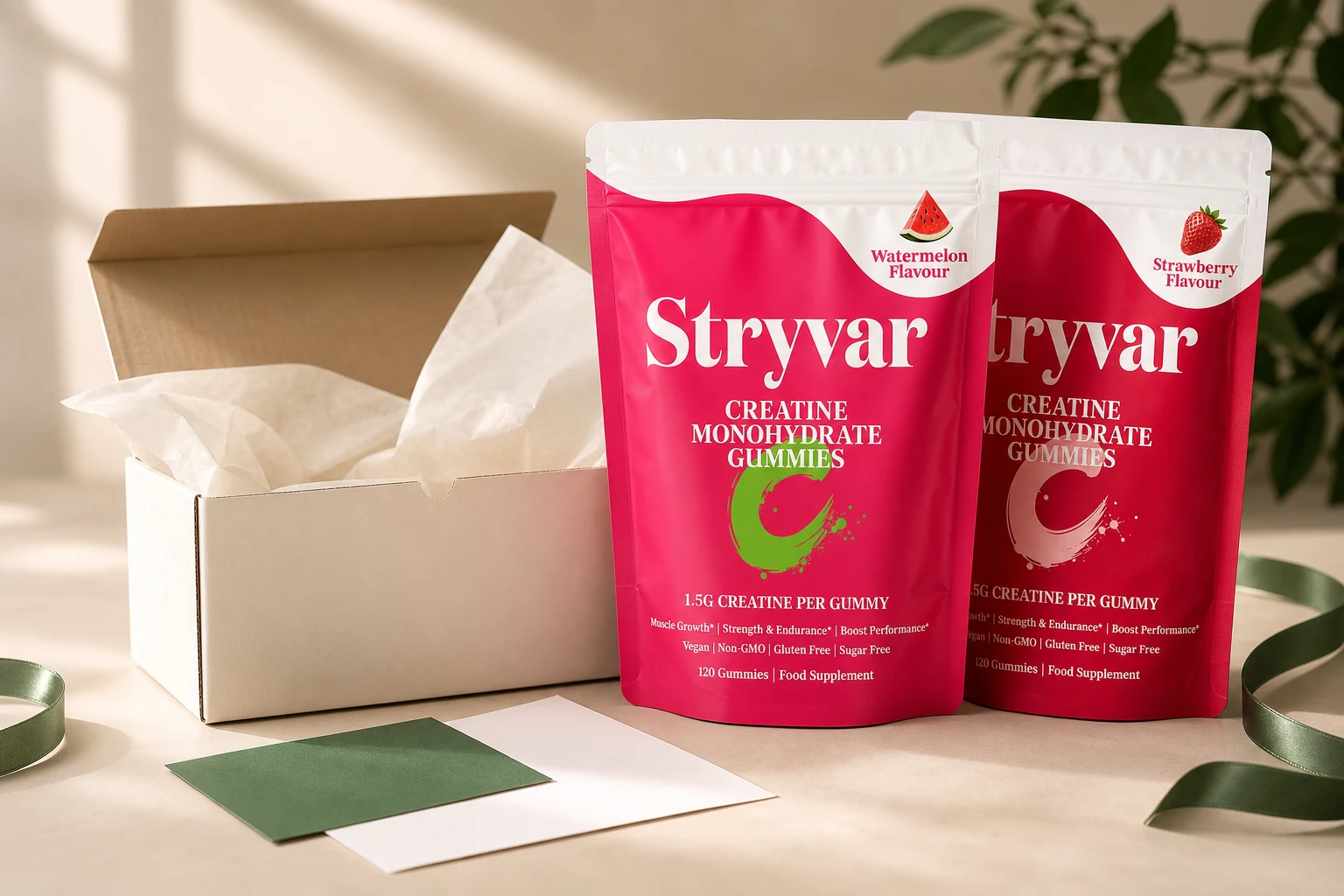 Stryvar order-ready pouch beside cream packaging