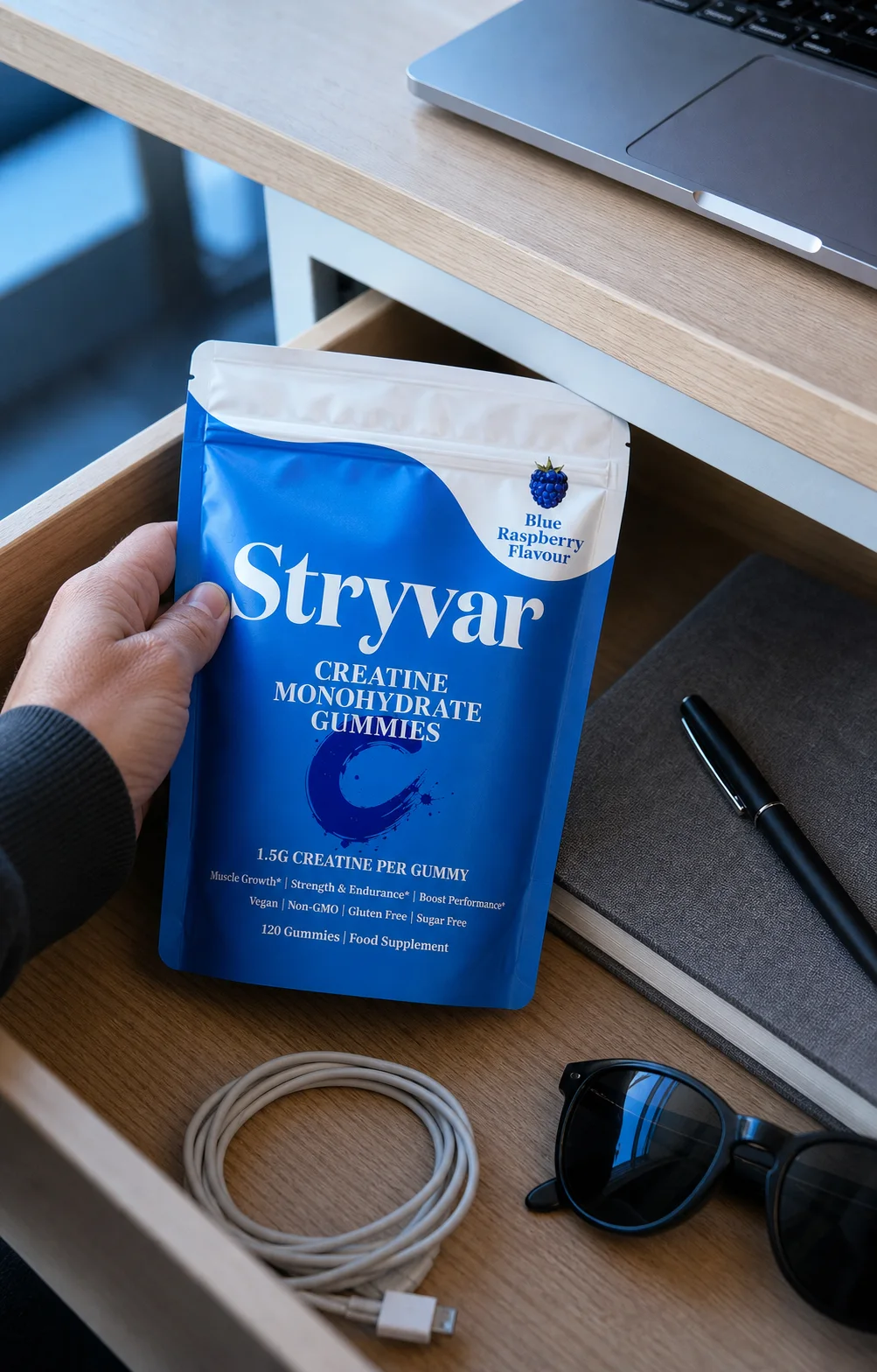 Stryvar Blue Raspberry pouch beside a relaxed workday desk setup