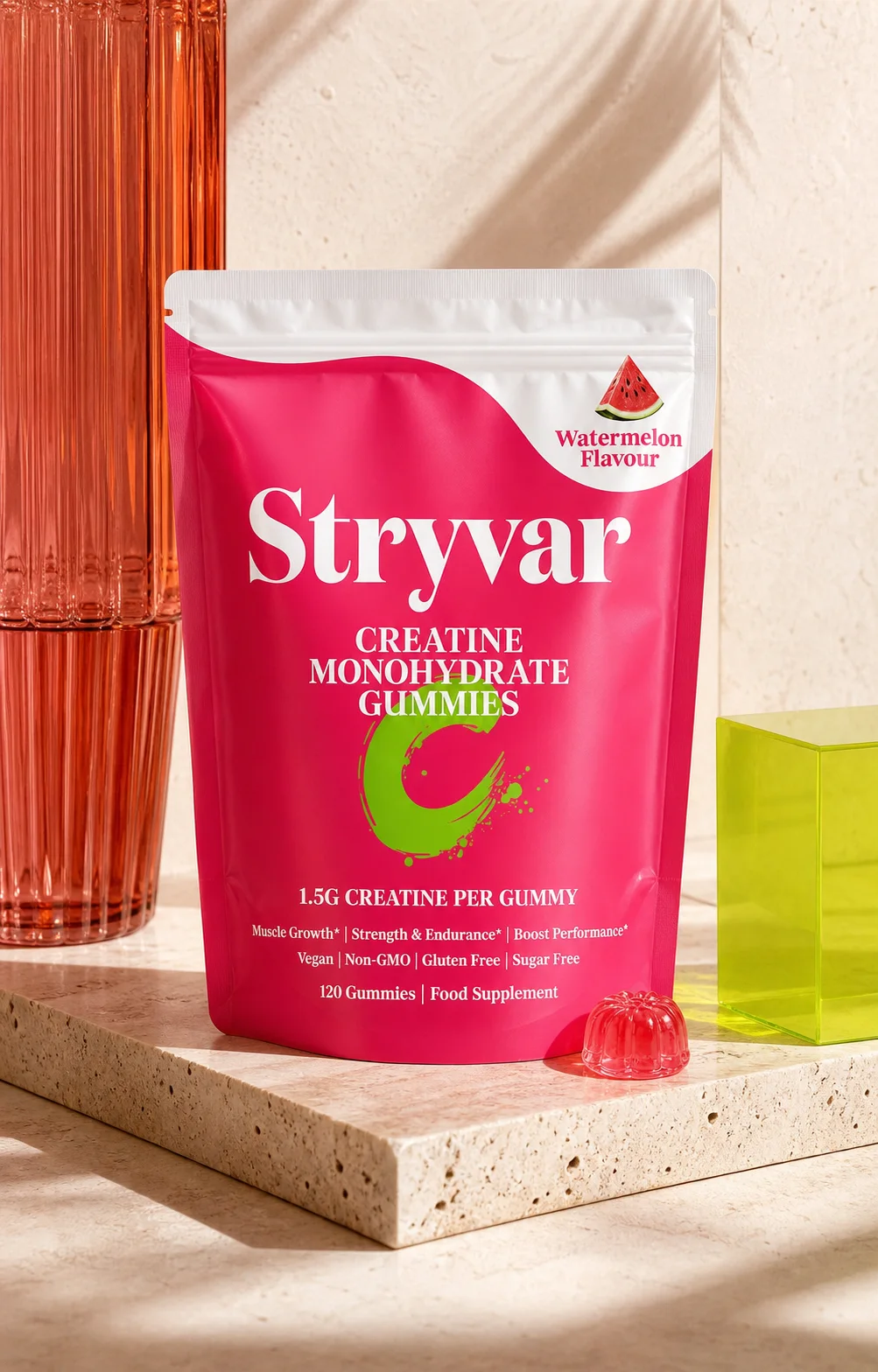 Stryvar Watermelon creatine gummies pouch in a sunlit editorial setting