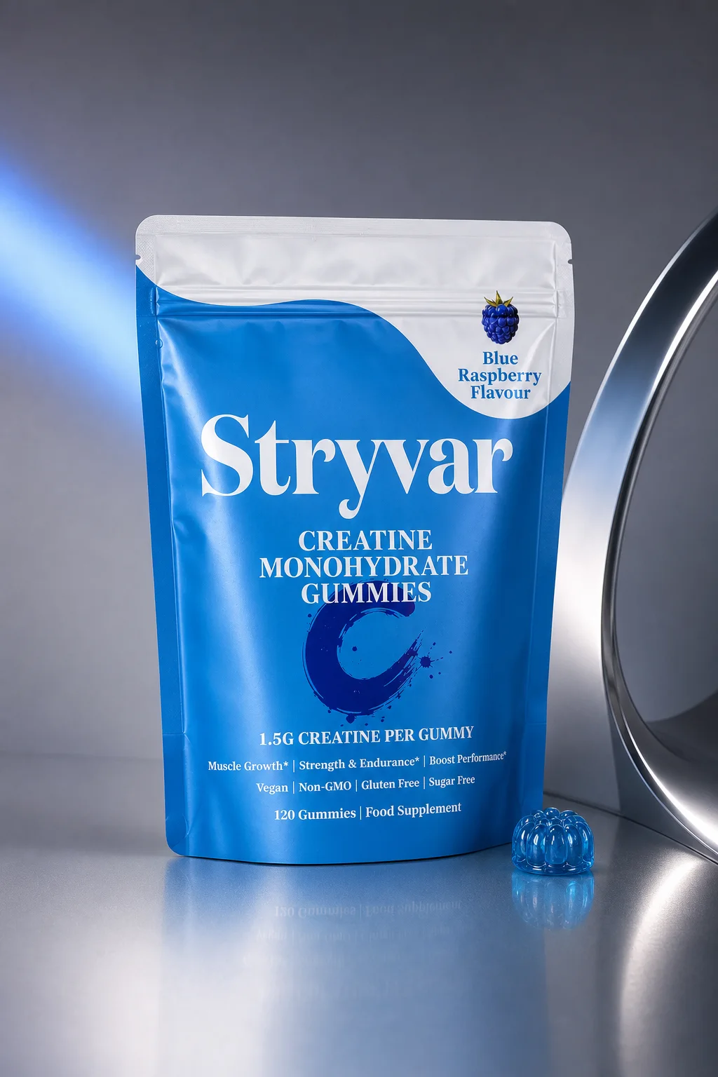 Stryvar Blue Raspberry creatine gummies pouch in a blue chrome editorial setting