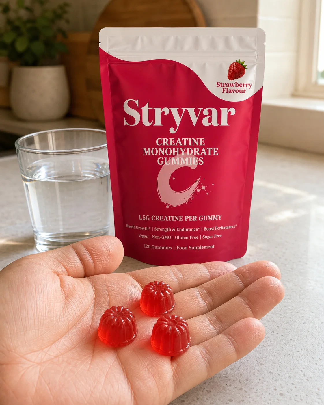 Three Strawberry Stryvar gummies held beside the Strawberry pouch