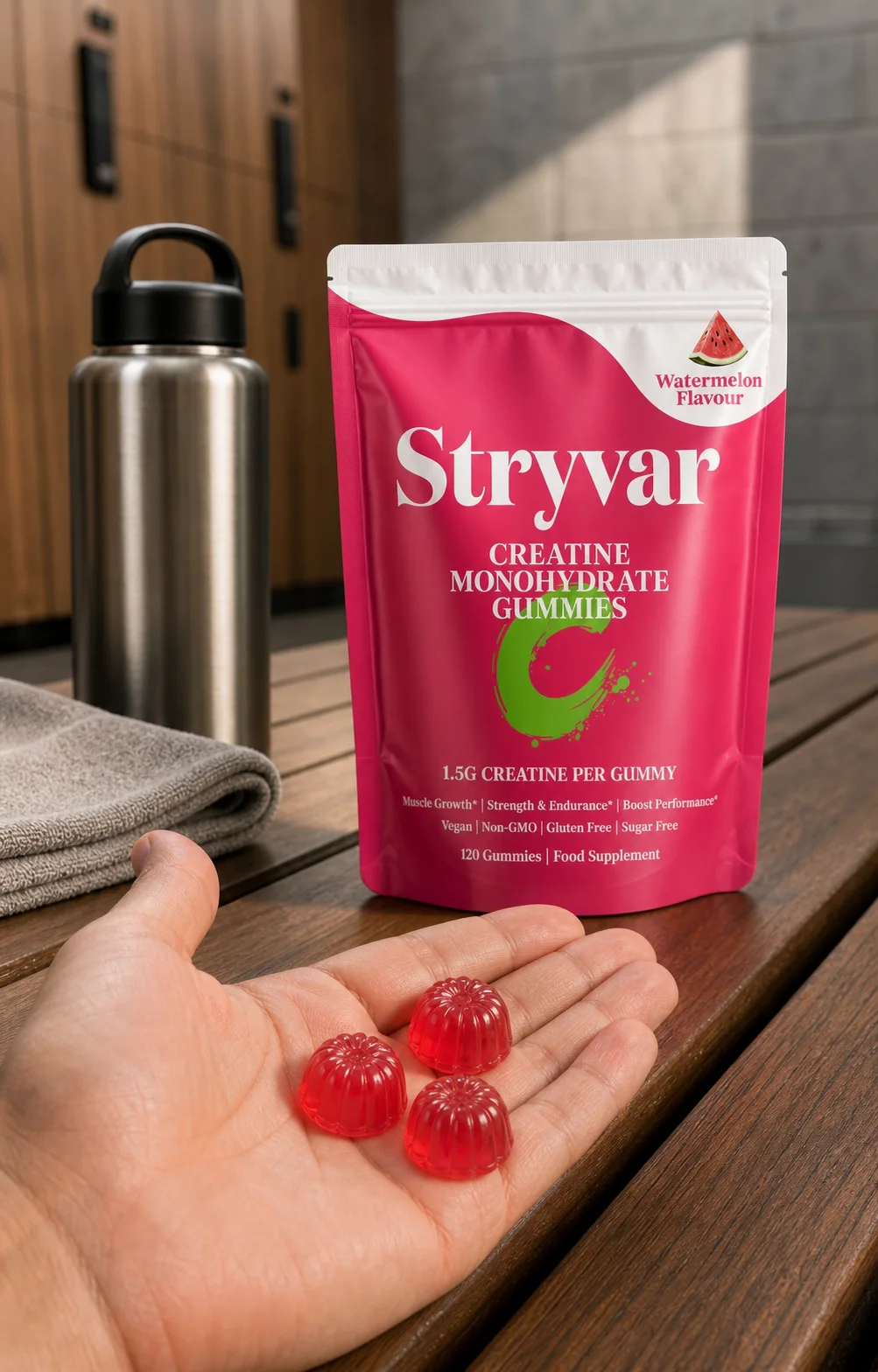 Exactly three Watermelon gummies arranged as one daily serving