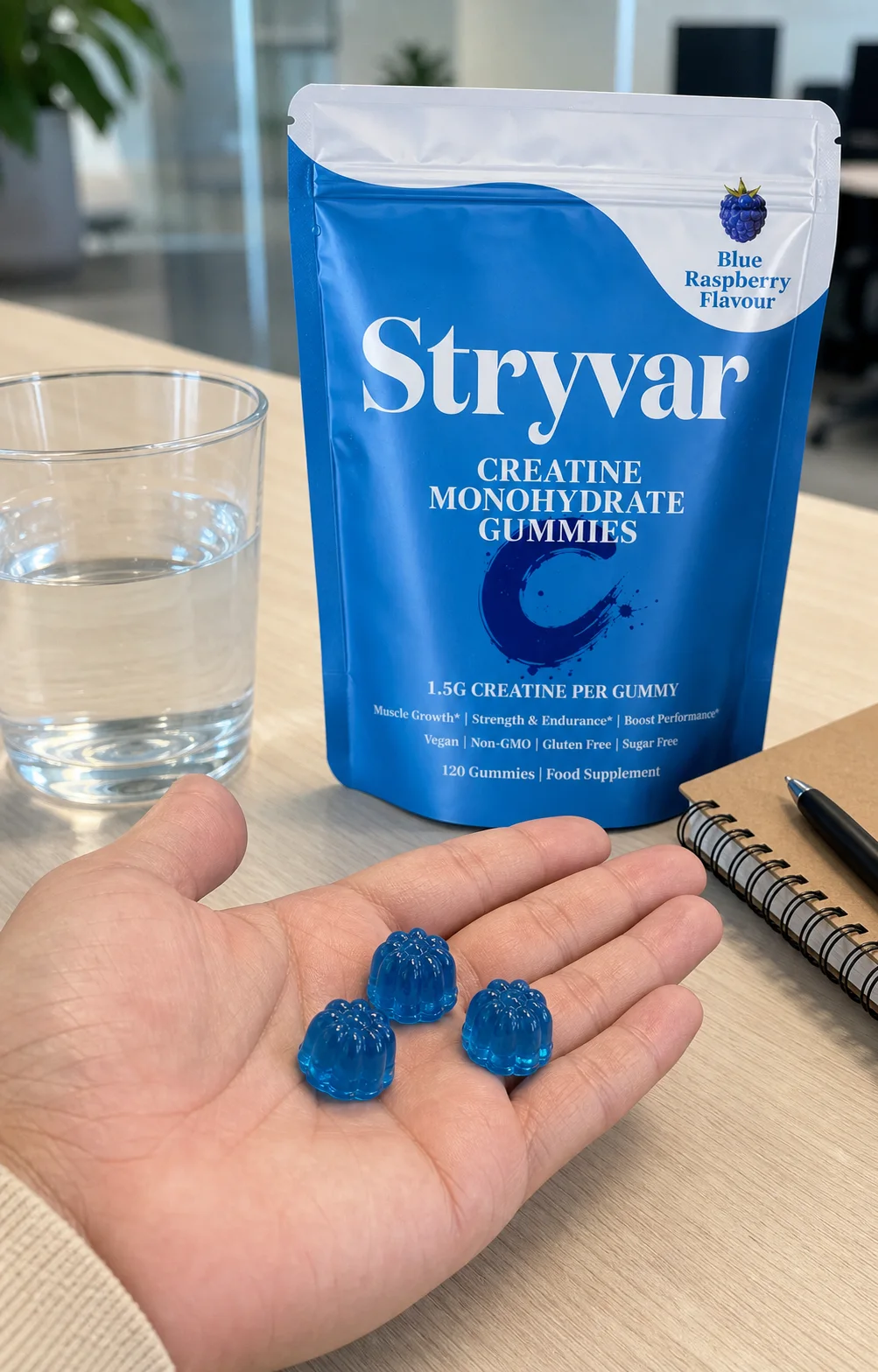Three Blue Raspberry Stryvar gummies held beside the Blue Raspberry pouch
