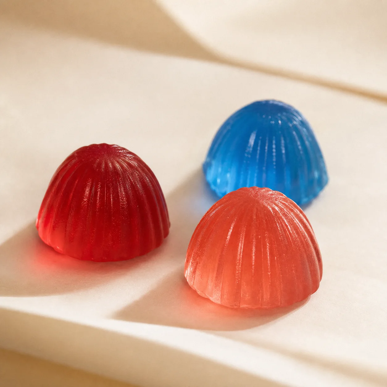 Close-up of red, pink and blue Stryvar gummies