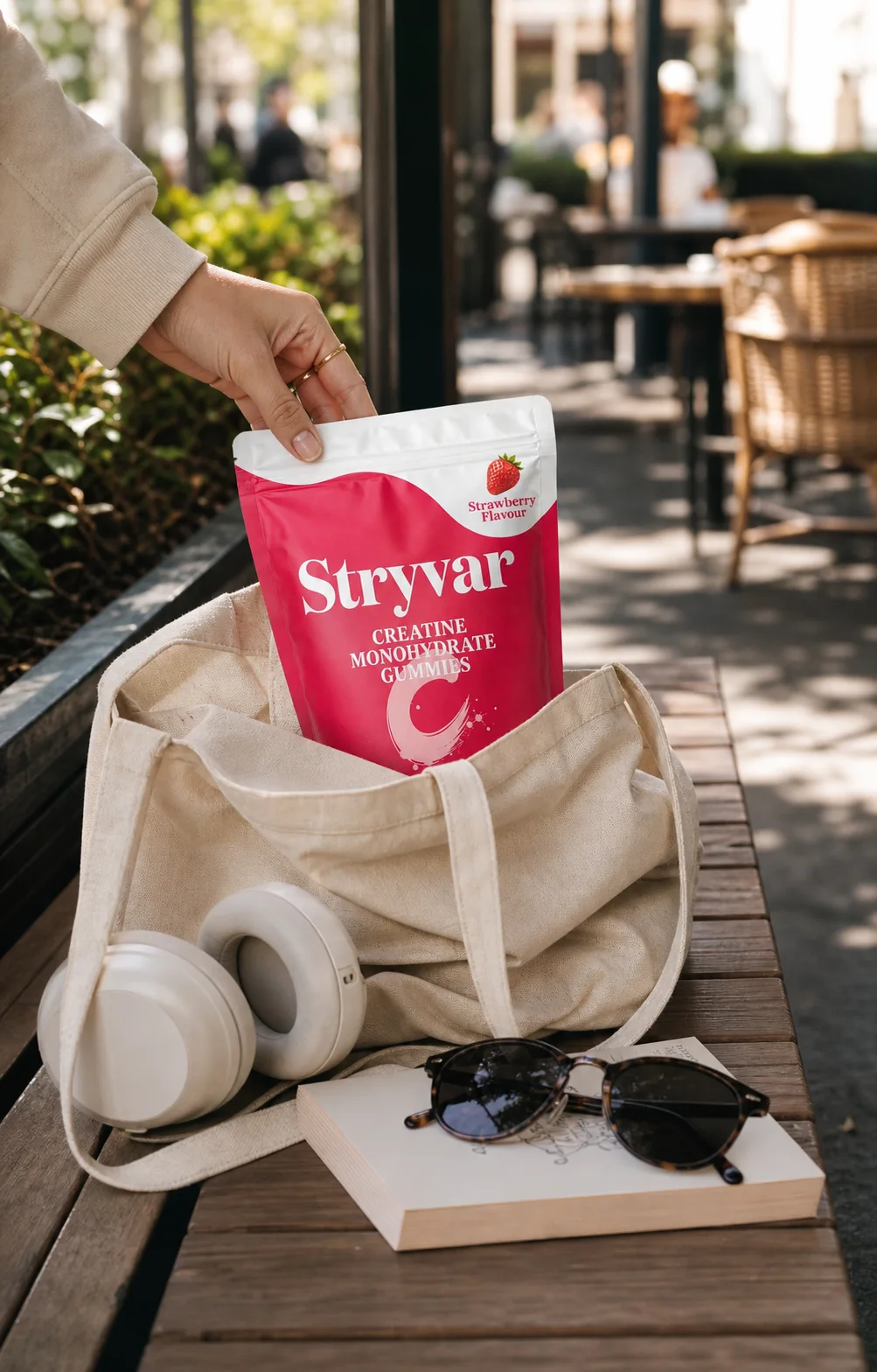 A Stryvar Strawberry pouch being packed into a weekend tote