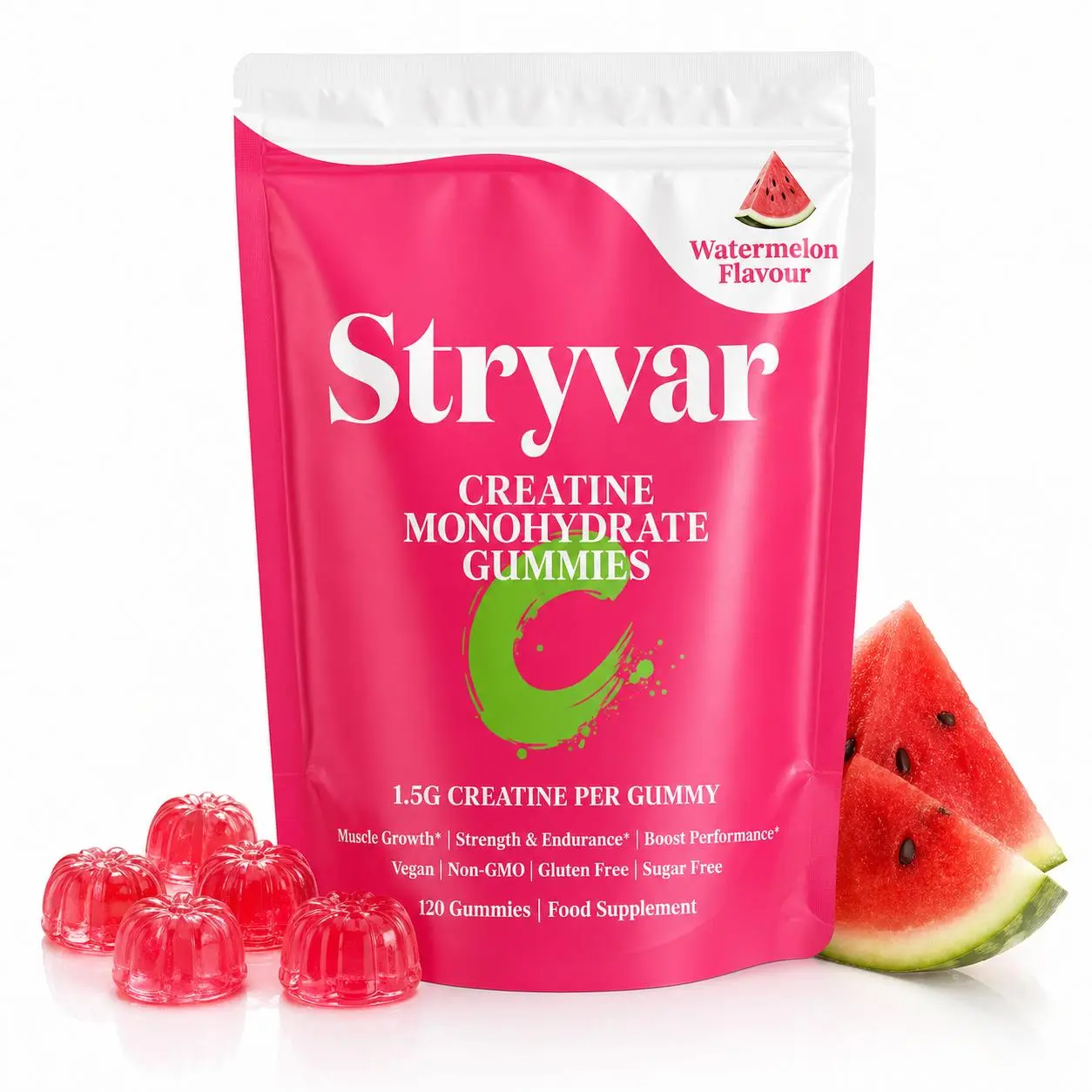 Stryvar Watermelon creatine gummies pouch with watermelon and gummies