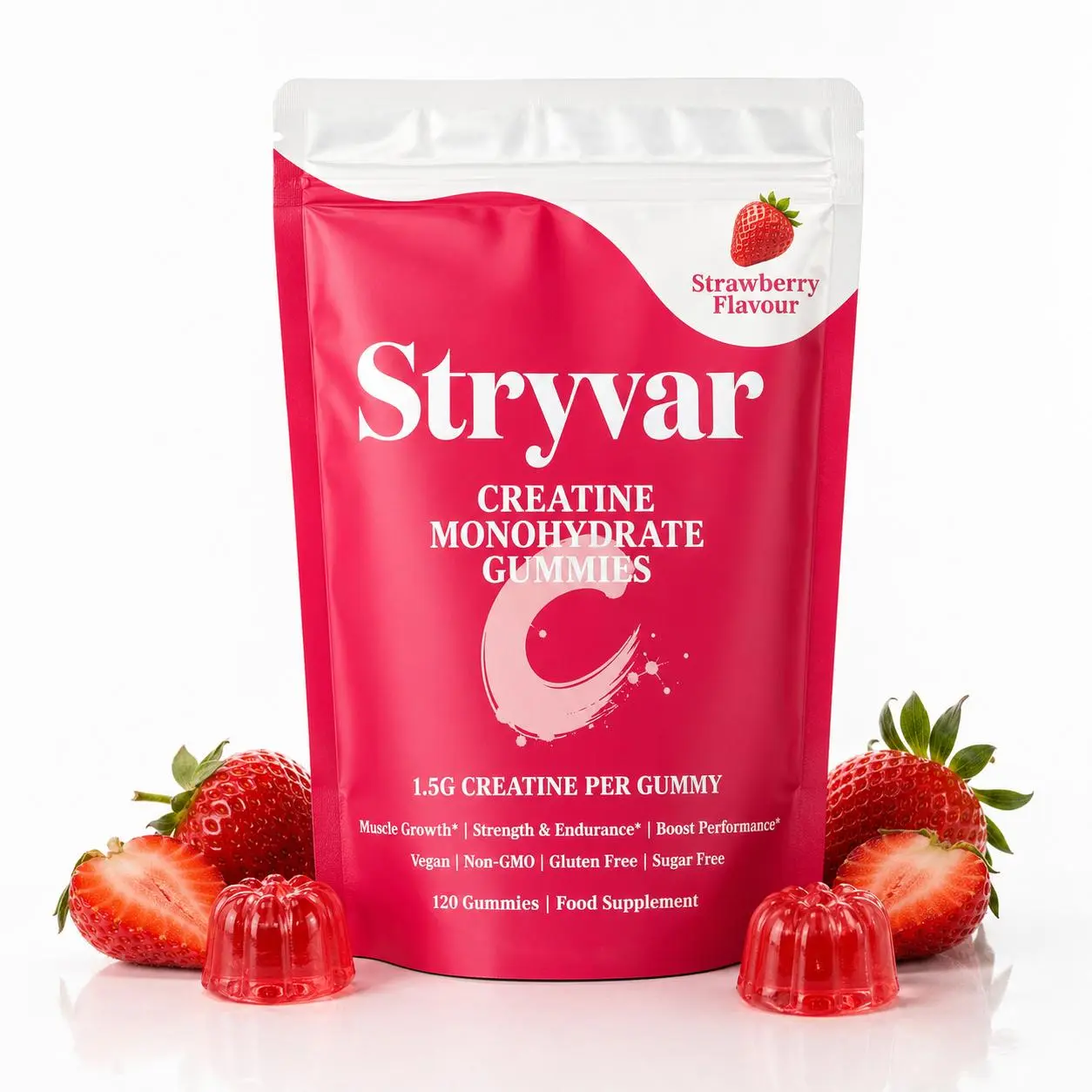 Stryvar Strawberry creatine gummies pouch with strawberries and gummies