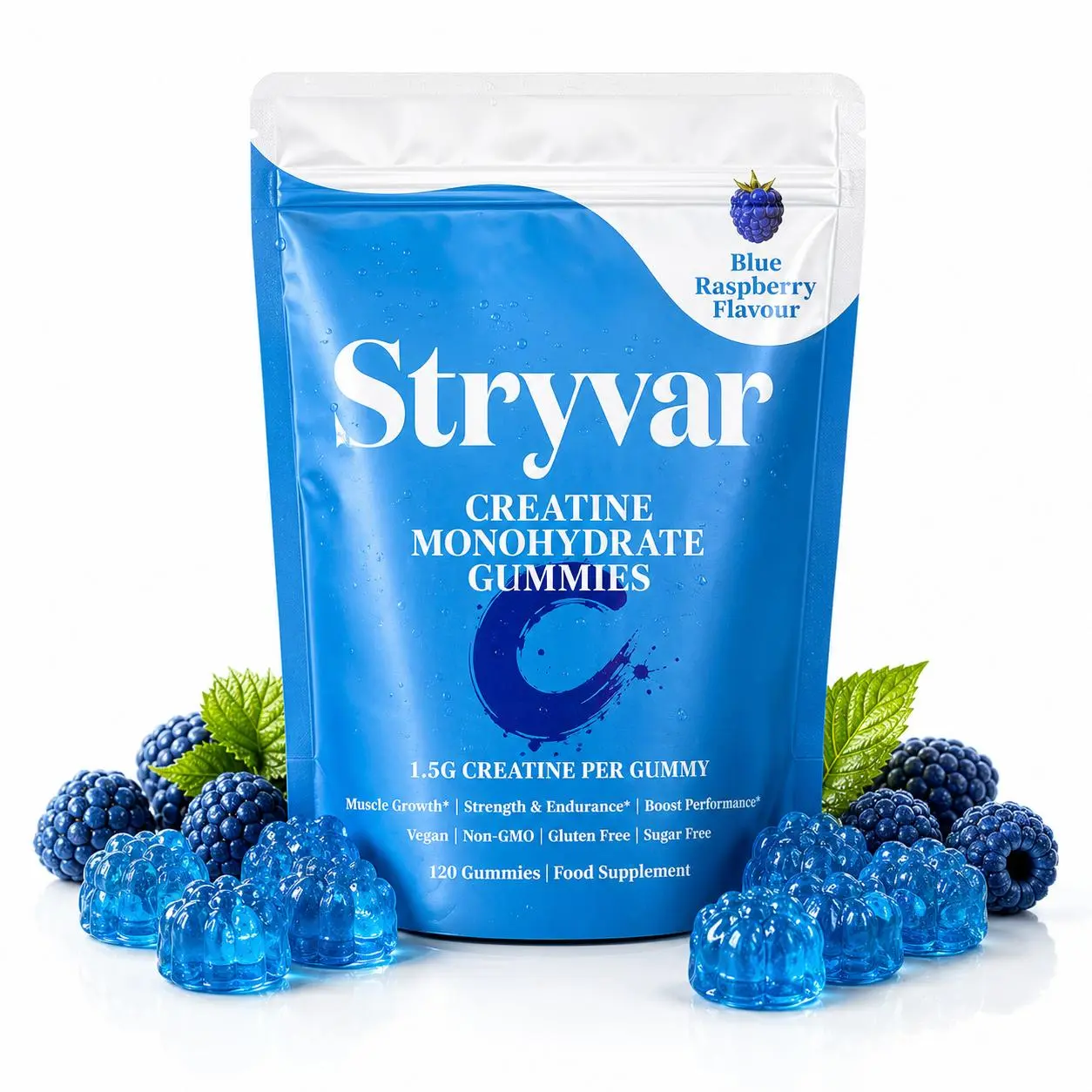 Stryvar Blue Raspberry creatine gummies pouch with berries and gummies